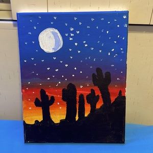 Painting on canvas. Colors:blue,purple,red,orange,yellow,black,white